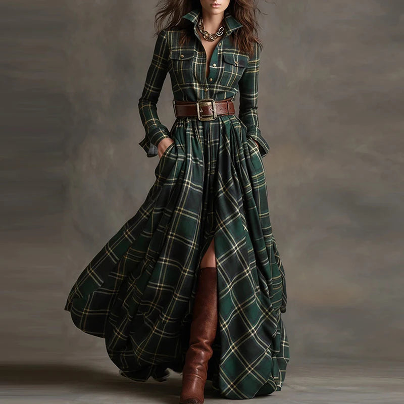 Boho Woman Clothing Elegant Shirt Collar Button Loose Long Dresses Retro New Plaid Print Pocket Swing Autumn Maxi Dress Vestidos