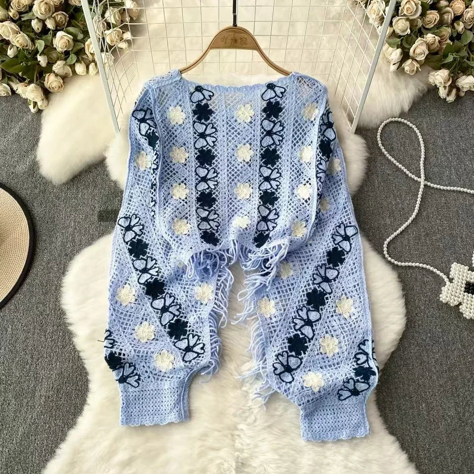 Boho Autumn Knitted Sweater Women O-neck Long Sleeve Hollow Out Tassel Female Tops Ladies Casual Streetwear Sweaters Dropship