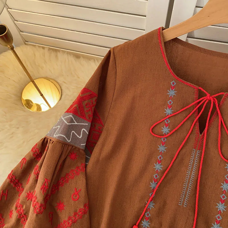 New Women's Bohemia Blouse Embroidered Autumn Spring O-neck Collar Bow Tie Lantern Sleeve Top Blusas Mujer Female Tops BL021