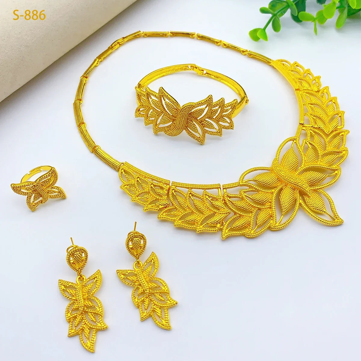 Nigerian Wedding Jewelry Dubai Gold Color African Necklace Bracelet Earrings Rings For Women Fashion Bridal Jewellery Sets Gifts