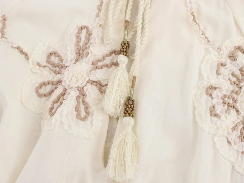 MUJER Flower Embroidered Blouses for Women Tassel Casual Shirts and Blouses Woman Ruched Beach Women's Blouse Summer Boho Tops