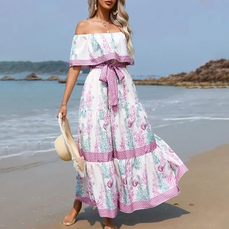 Boho Dress Women's One Shoulder Dress with Sexy and Fashionable Printed Long Style, Large Display, Summer New