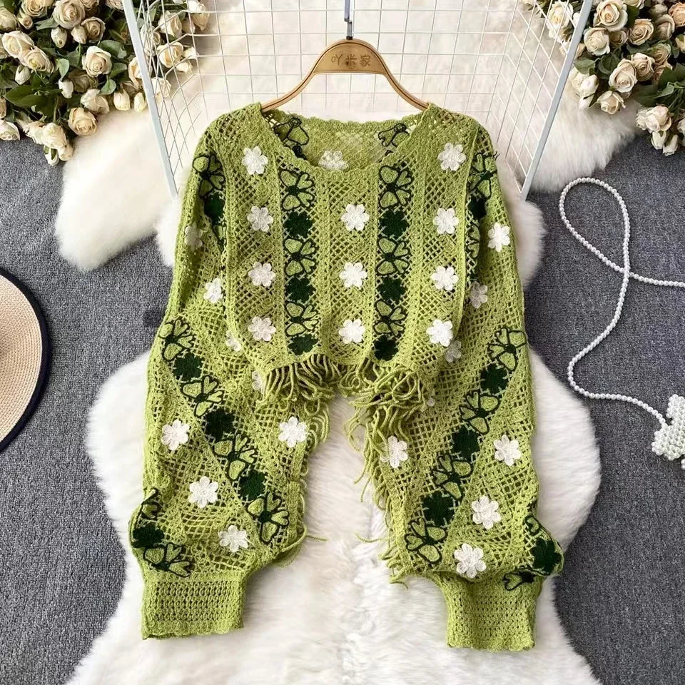 Boho Autumn Knitted Sweater Women O-neck Long Sleeve Hollow Out Tassel Female Tops Ladies Casual Streetwear Sweaters Dropship