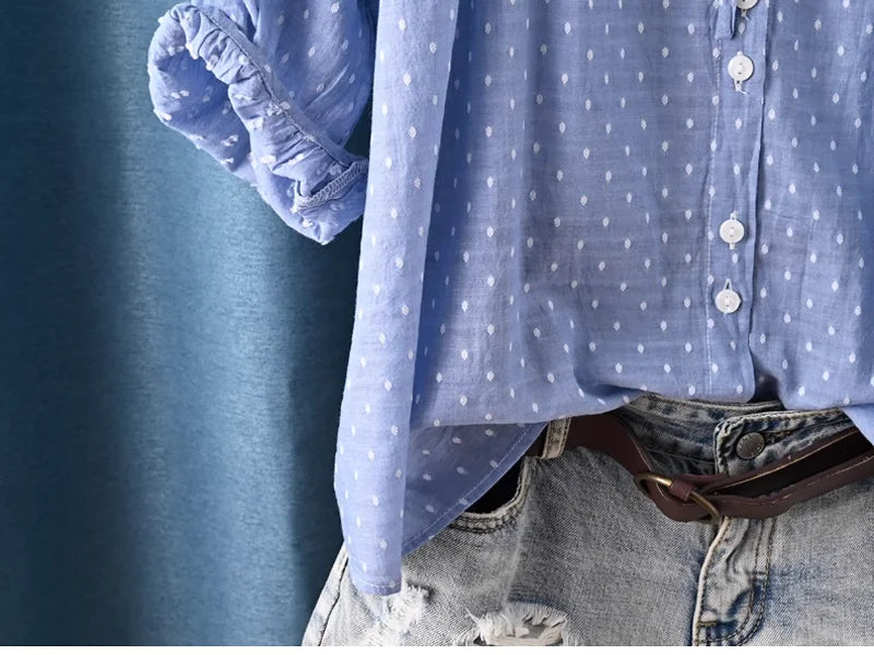 Women's summer blouse 100% cotton yarn blue polka dot print shirts 3/4 sleeves blouses for women boho clothing