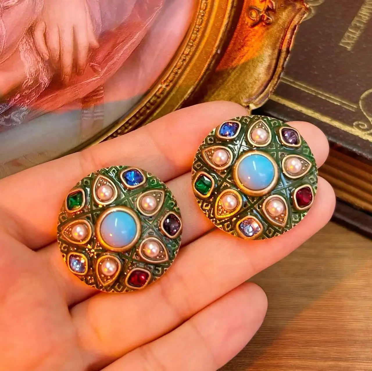 Fashion court gems color exaggerated enamel alloy medieval necklace earrings