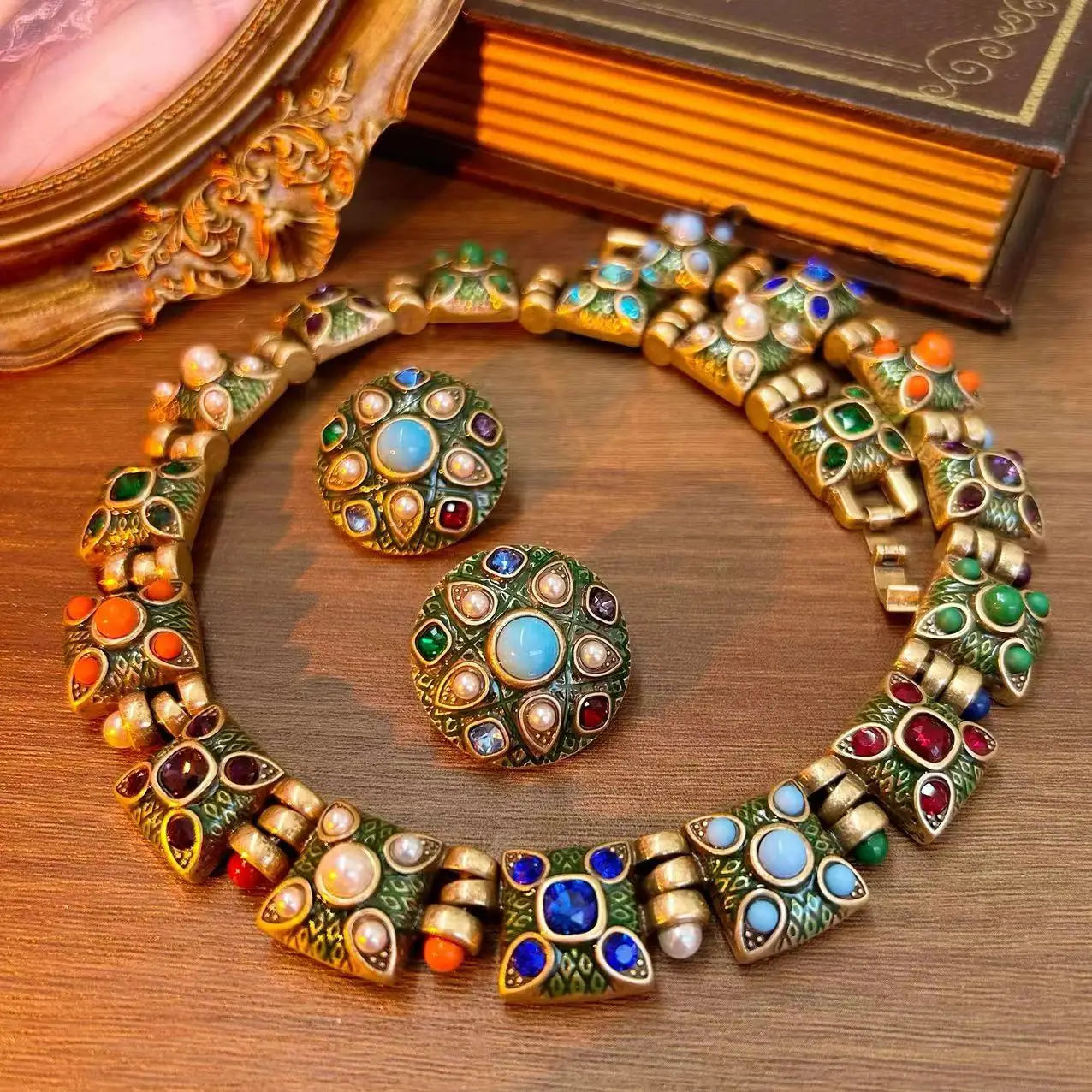 Fashion court gems color exaggerated enamel alloy medieval necklace earrings