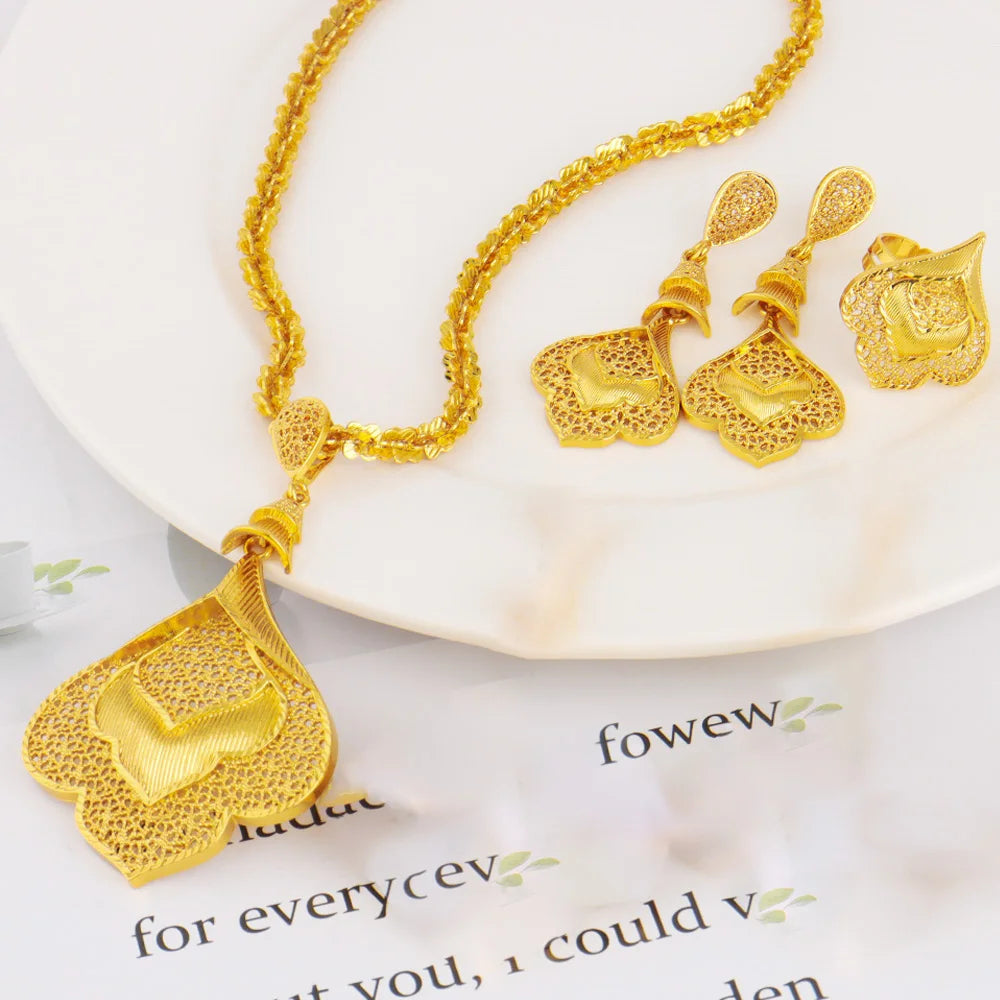 Jewelery Set For Women Dubai 24K Gold Color Jewlery African Designer Wedding Bridal Necklace Earring Ring Gift