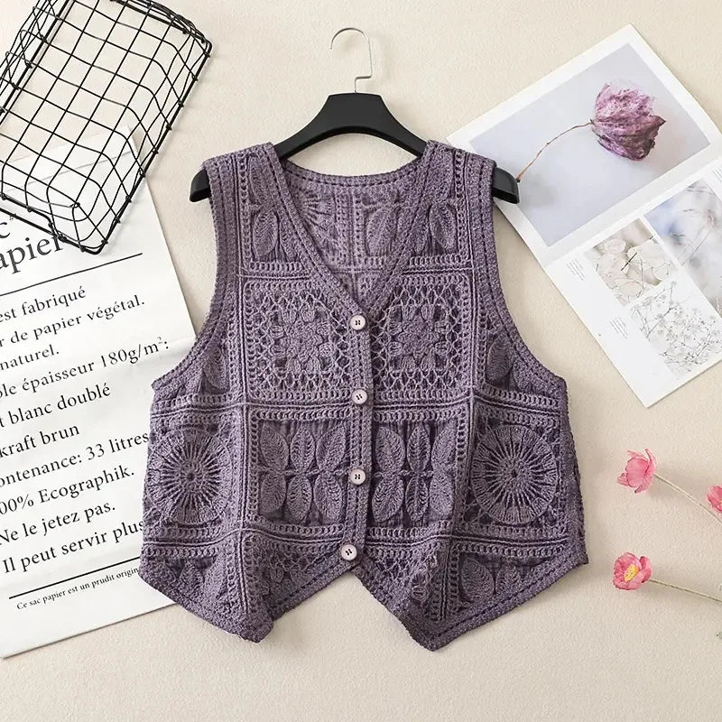Women's Boho Style Crochet Lace Vest White Beige Green Purple Brown Sleeveless Summer Jackets Coat Hollow Out Knit Cover Ups Top