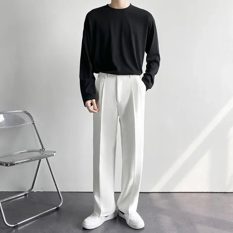 2025 New Men Straight Pants Fashion Korean Loose Suit Trousers Casual Draped Baggy White Wide Pant Male Streetwear