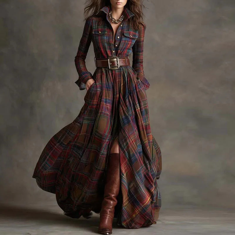 Boho Woman Clothing Elegant Shirt Collar Button Loose Long Dresses Retro New Plaid Print Pocket Swing Autumn Maxi Dress Vestidos