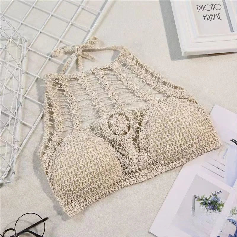 Women Boho Y2k Top Fringe Backless Halter Tie Neck Underwear Outerwear Neck Hanging Embroidery Tassel Suspender Vest Short Tank