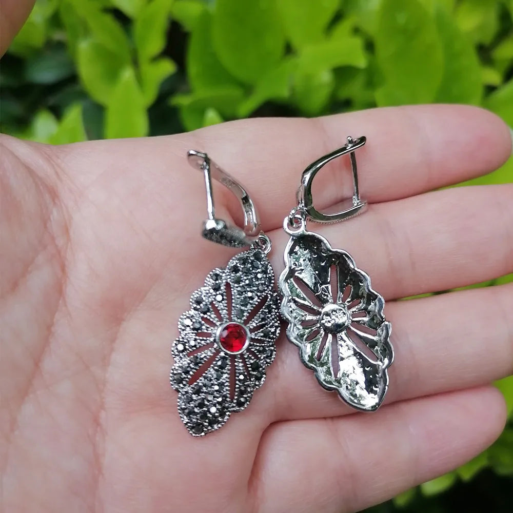 Ajojewel Woman Retro Style Jewelry Set With Red Stone Black Rhinestone Necklace Ring Earrings Vintage Gifts