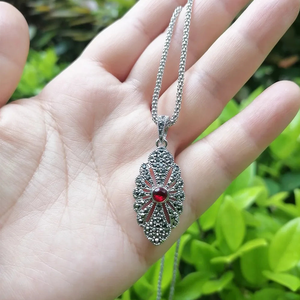 Ajojewel Woman Retro Style Jewelry Set With Red Stone Black Rhinestone Necklace Ring Earrings Vintage Gifts