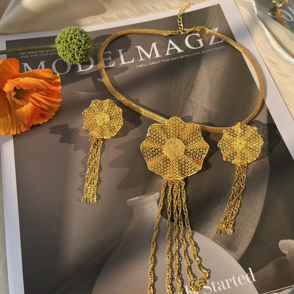 LByzHan Nigerian Jewelery Set Wedding Jewelry For Women Dubai 24K Gold Color Jewlery African Designer Earrings Bridal Necklace