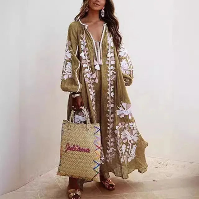 Boho Elegant Print Long Dress For Women Loose Casual V Neck Lace Up Big Hem Long Style Dresses 2024 Fashion New Lady Robe