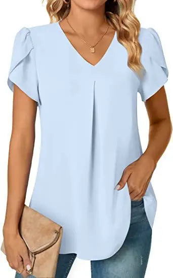 Elegant Women's Top Blouse Flower 2024 Summer Fashion Simplicity Short Sleeve Solid V-Neck Commuter Office Female Shirt S-XXL