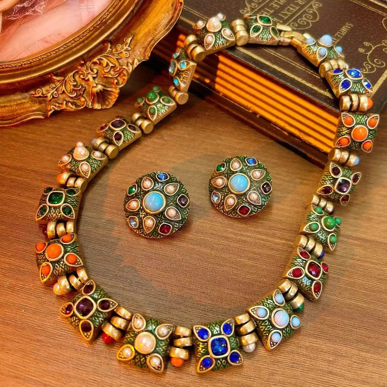Fashion court gems color exaggerated enamel alloy medieval necklace earrings