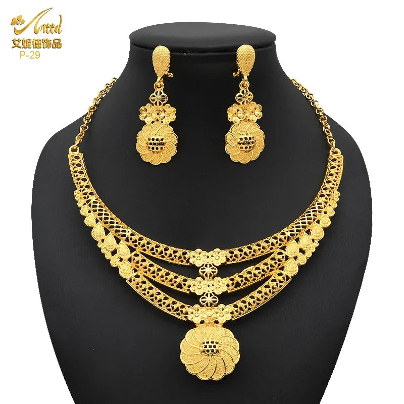 Nigerian Wedding Jewelry Dubai Gold Color African Necklace Bracelet Earrings Rings For Women Fashion Bridal Jewellery Sets Gifts