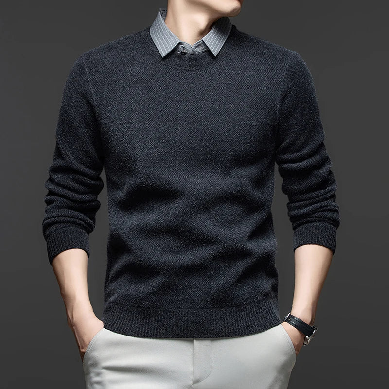 2025 Autumn and Winter Fashionable Men's Business Wear with A Lapel and Lined Sweater with An Inner Knitted Shirt