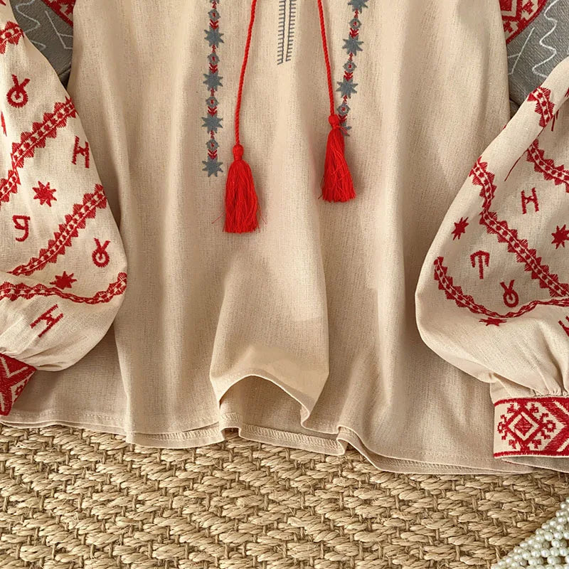 New Women's Bohemia Blouse Embroidered Autumn Spring O-neck Collar Bow Tie Lantern Sleeve Top Blusas Mujer Female Tops BL021