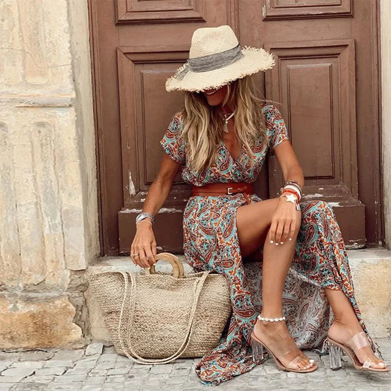 Boho Long Dress For Women Fashion V Neck Short Sleeve Paisley Print Dresses Summer Belt Large Hem Beach Dress Elegant Maxi Dress