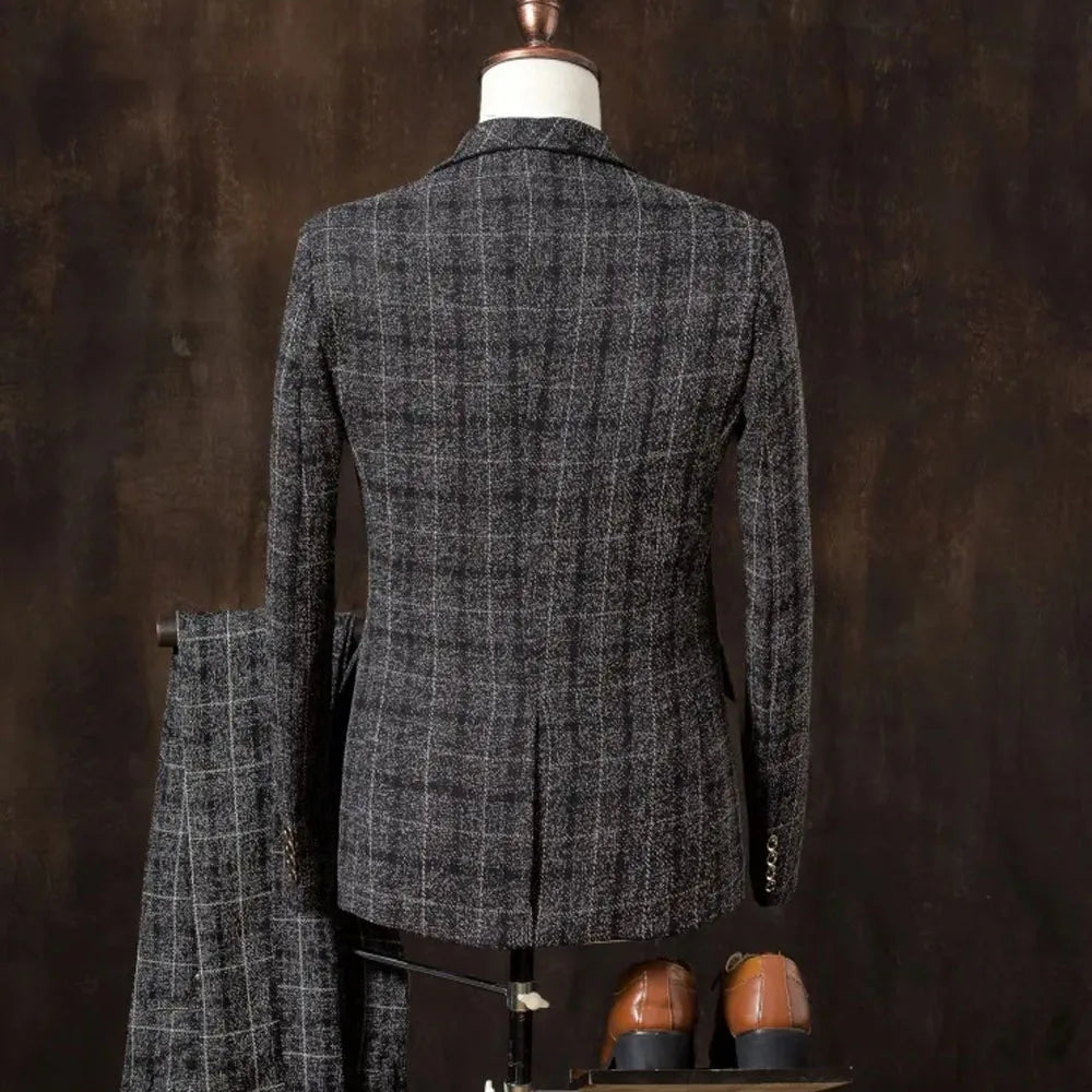 Formal Groom Wear 3 Piece (Blazer+ Vest + Pants) Men's Suit Fashion Business Gentleman Wedding Casual Plaid Cotton Linen Jacket