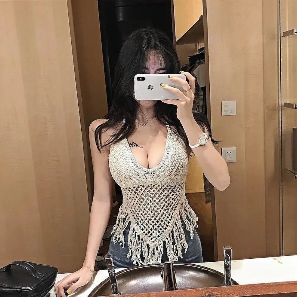 Women Boho Y2k Top Fringe Backless Halter Tie Neck Underwear Outerwear Neck Hanging Embroidery Tassel Suspender Vest Short Tank