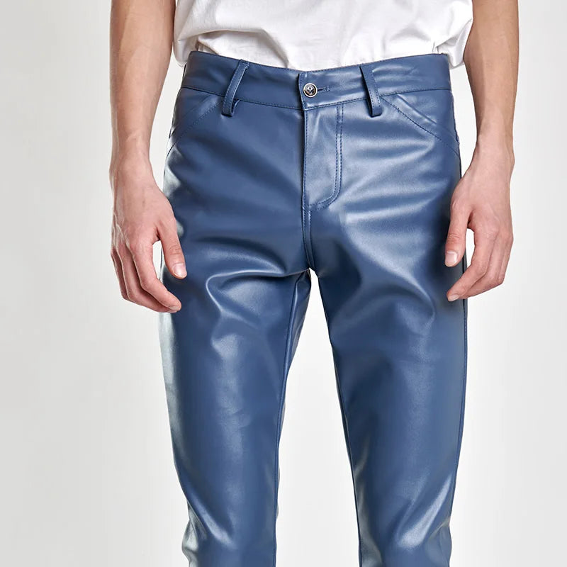 Men's Fashion Rock Style PU Leather Pants Night Club Dance Pants Men's Faux Leather Slim Fit Skinny Motorcycle Trousers