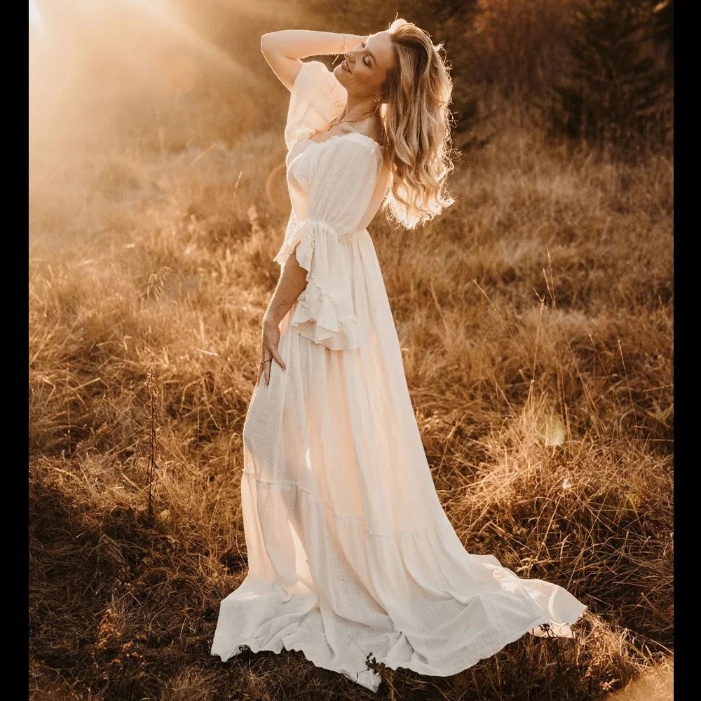 Boho Pregnant Dress Comfortable Linen Cotton One Shoulder Lace Long Sleeved Dress Photography Dress For Women