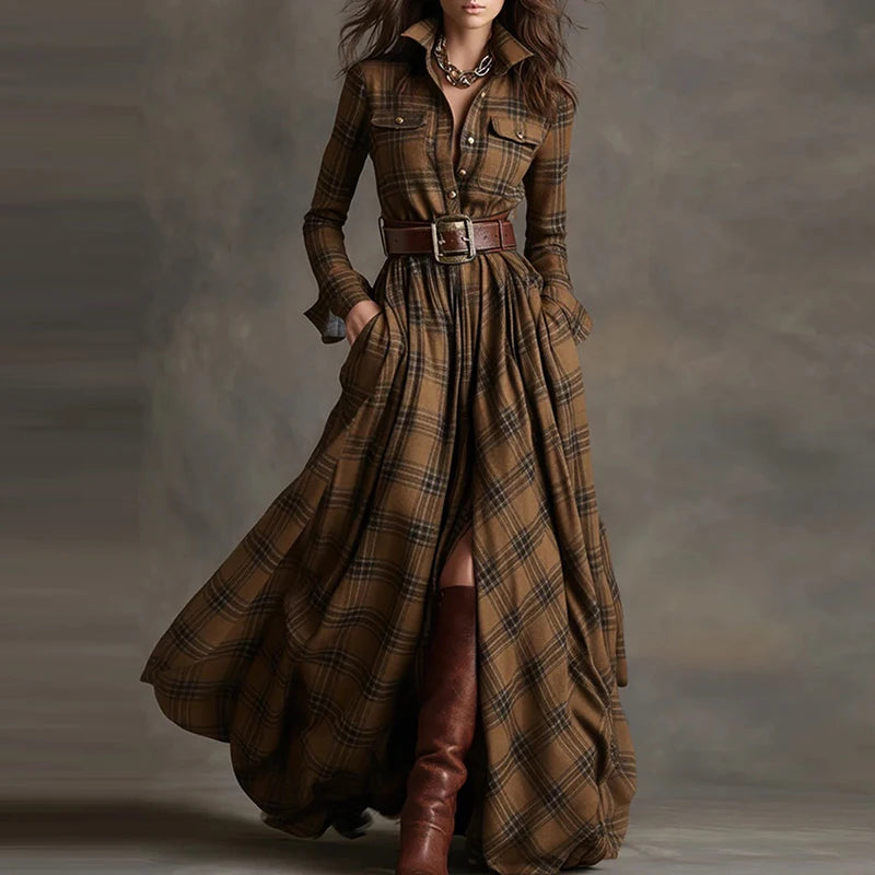 Boho Woman Clothing Elegant Shirt Collar Button Loose Long Dresses Retro New Plaid Print Pocket Swing Autumn Maxi Dress Vestidos