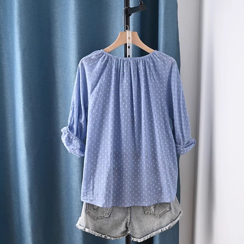 Women's summer blouse 100% cotton yarn blue polka dot print shirts 3/4 sleeves blouses for women boho clothing