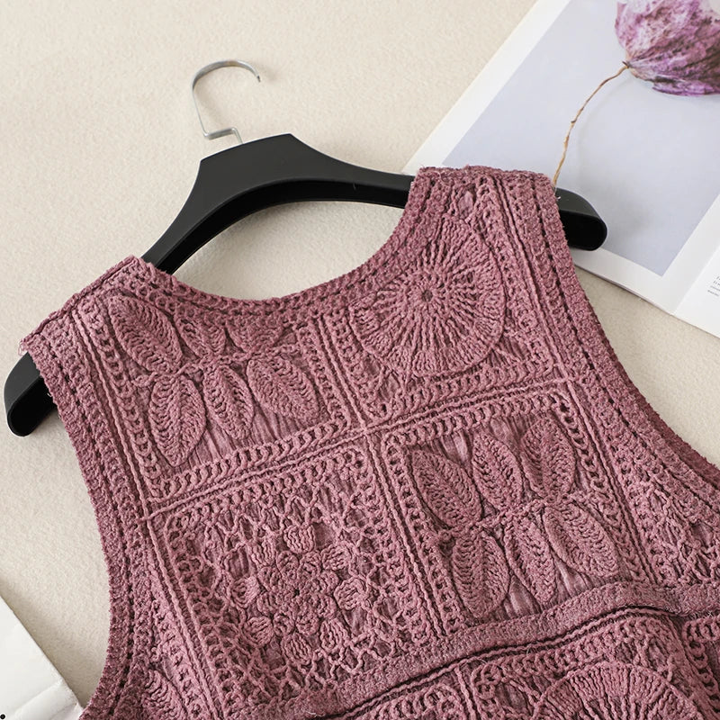 Women's Boho Style Crochet Lace Vest White Beige Green Purple Brown Sleeveless Summer Jackets Coat Hollow Out Knit Cover Ups Top