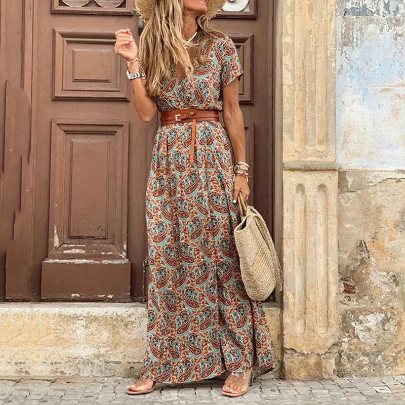 Boho Long Dress For Women Fashion V Neck Short Sleeve Paisley Print Dresses Summer Belt Large Hem Beach Dress Elegant Maxi Dress