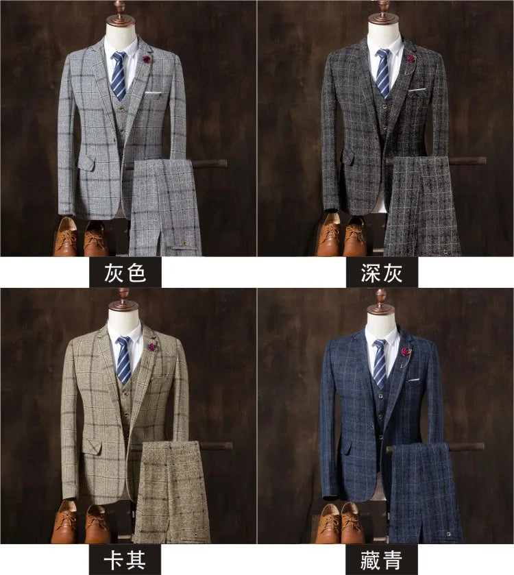 Formal Groom Wear 3 Piece (Blazer+ Vest + Pants) Men's Suit Fashion Business Gentleman Wedding Casual Plaid Cotton Linen Jacket