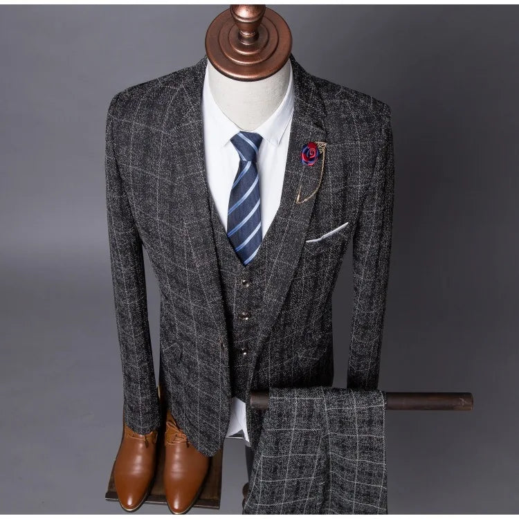 Formal Groom Wear 3 Piece (Blazer+ Vest + Pants) Men's Suit Fashion Business Gentleman Wedding Casual Plaid Cotton Linen Jacket
