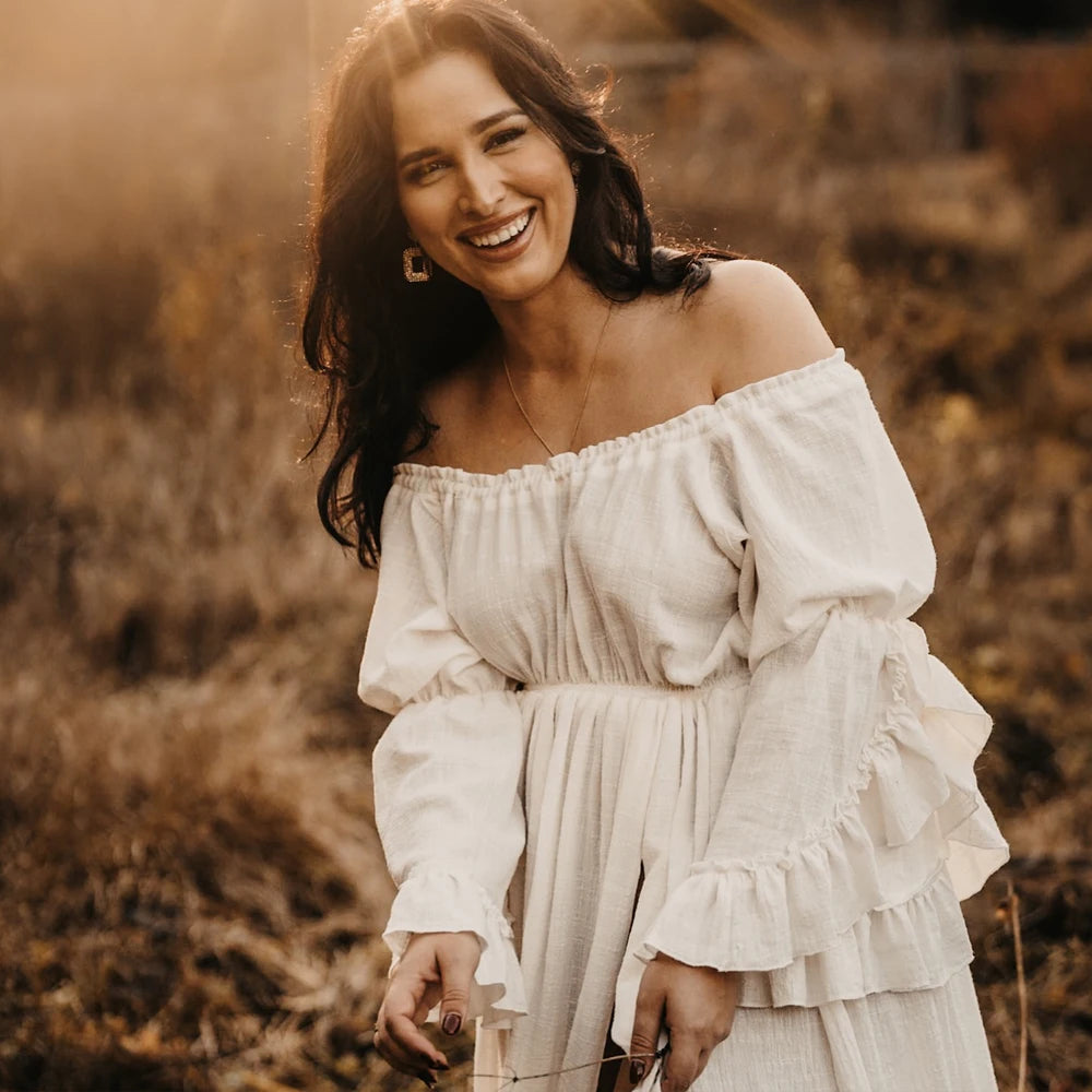 Boho Pregnant Dress Comfortable Linen Cotton One Shoulder Lace Long Sleeved Dress Photography Dress For Women