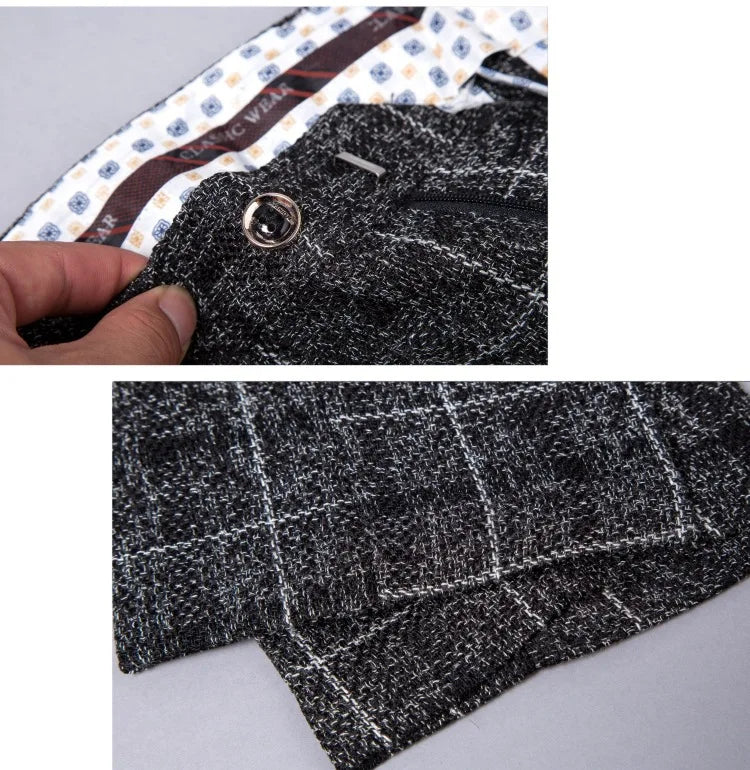 Formal Groom Wear 3 Piece (Blazer+ Vest + Pants) Men's Suit Fashion Business Gentleman Wedding Casual Plaid Cotton Linen Jacket