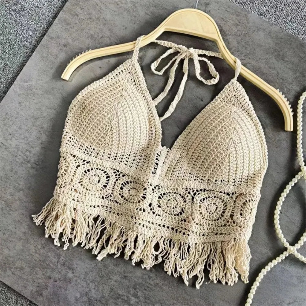 Women Boho Y2k Top Fringe Backless Halter Tie Neck Underwear Outerwear Neck Hanging Embroidery Tassel Suspender Vest Short Tank