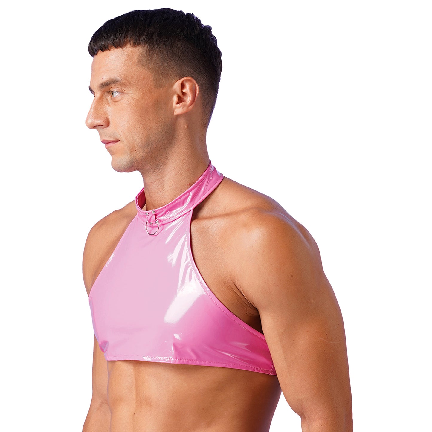 Men Fashion O Ring Halter Vest Crop Tops Wetlook Latex Backless Sleeveless Patent Leather Camisole for Party Club Music Festival