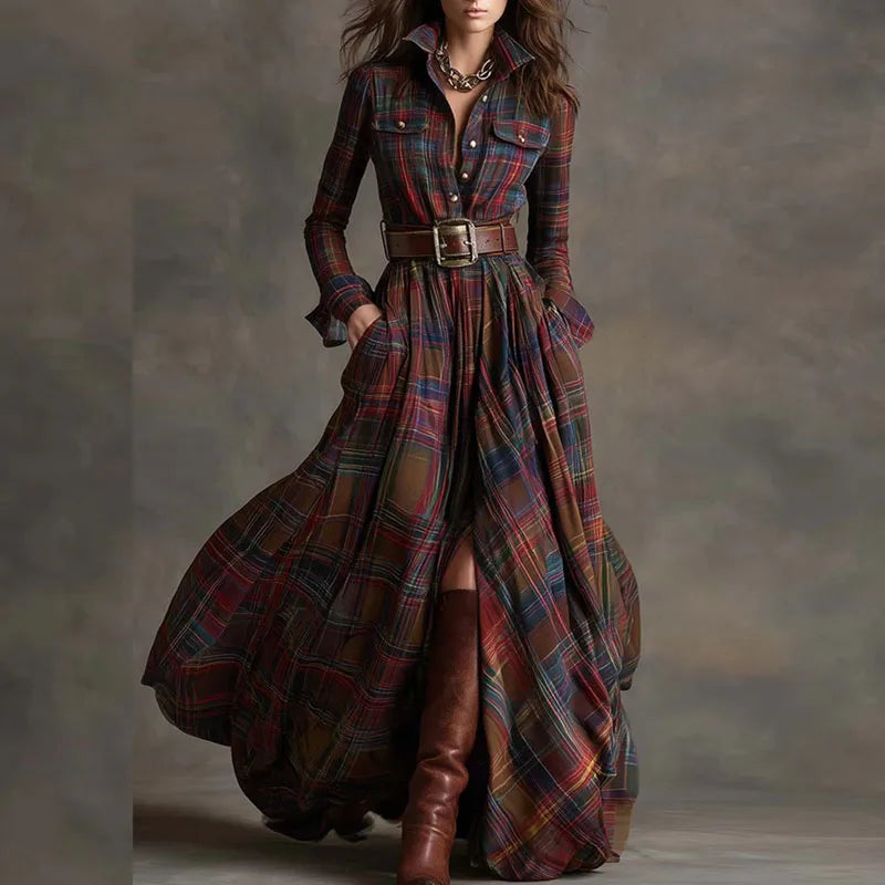 Boho Woman Clothing Elegant Shirt Collar Button Loose Long Dresses Retro New Plaid Print Pocket Swing Autumn Maxi Dress Vestidos