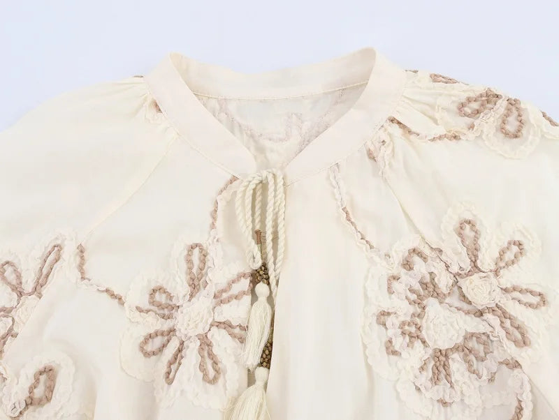 MUJER Flower Embroidered Blouses for Women Tassel Casual Shirts and Blouses Woman Ruched Beach Women's Blouse Summer Boho Tops