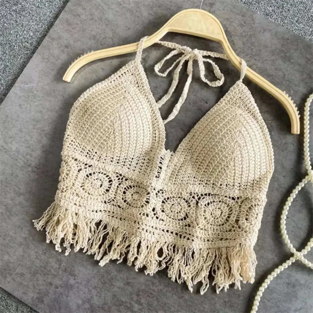 Women Boho Y2k Top Fringe Backless Halter Tie Neck Underwear Outerwear Neck Hanging Embroidery Tassel Suspender Vest Short Tank