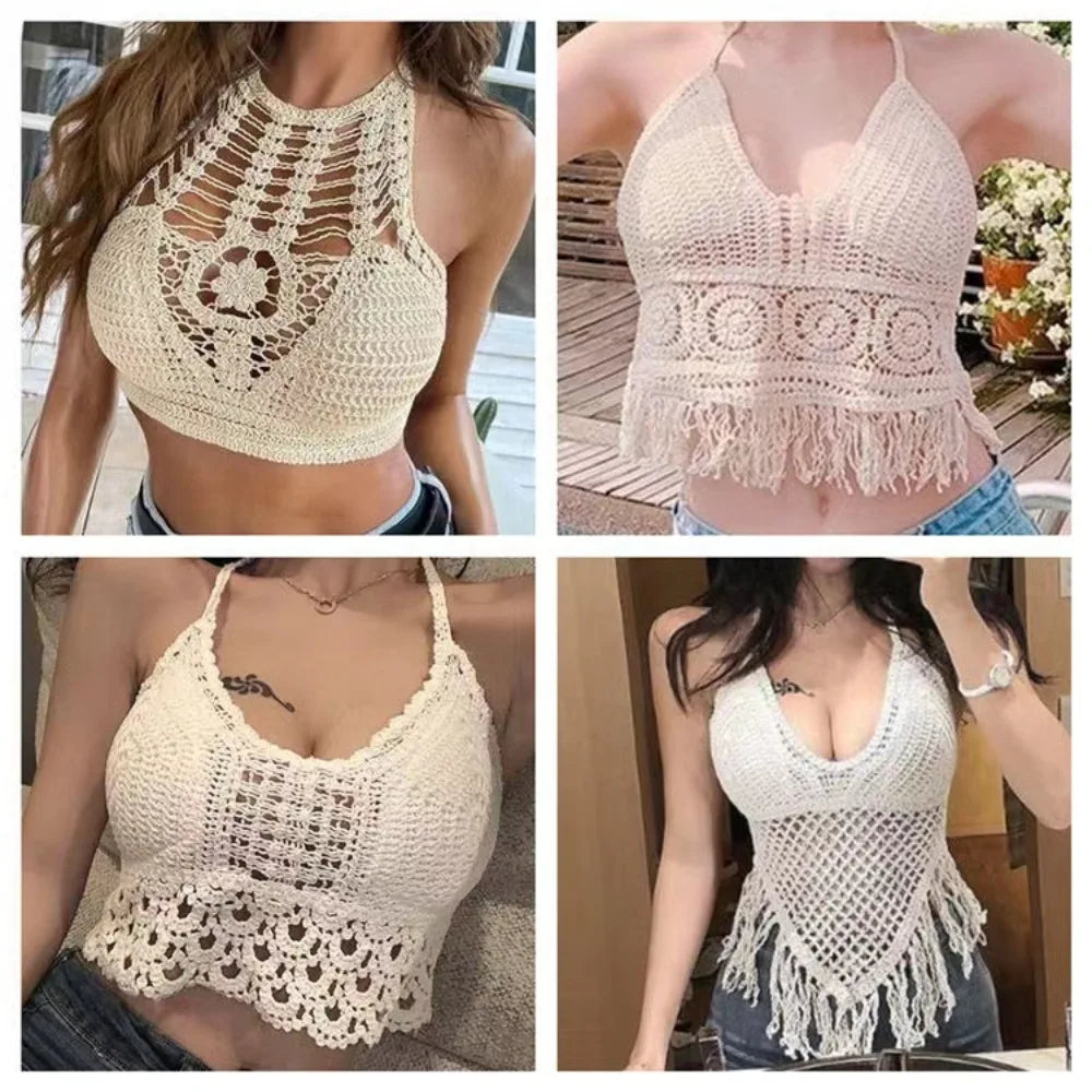 Women Boho Y2k Top Fringe Backless Halter Tie Neck Underwear Outerwear Neck Hanging Embroidery Tassel Suspender Vest Short Tank
