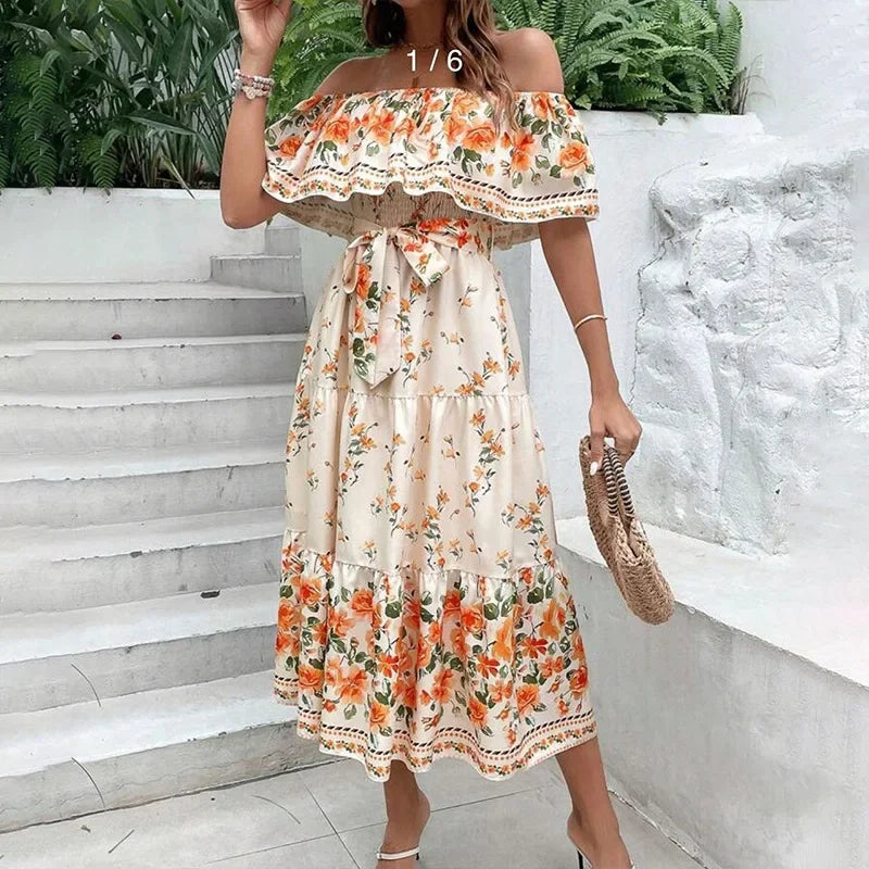 Boho Dress Women's One Shoulder Dress with Sexy and Fashionable Printed Long Style, Large Display, Summer New