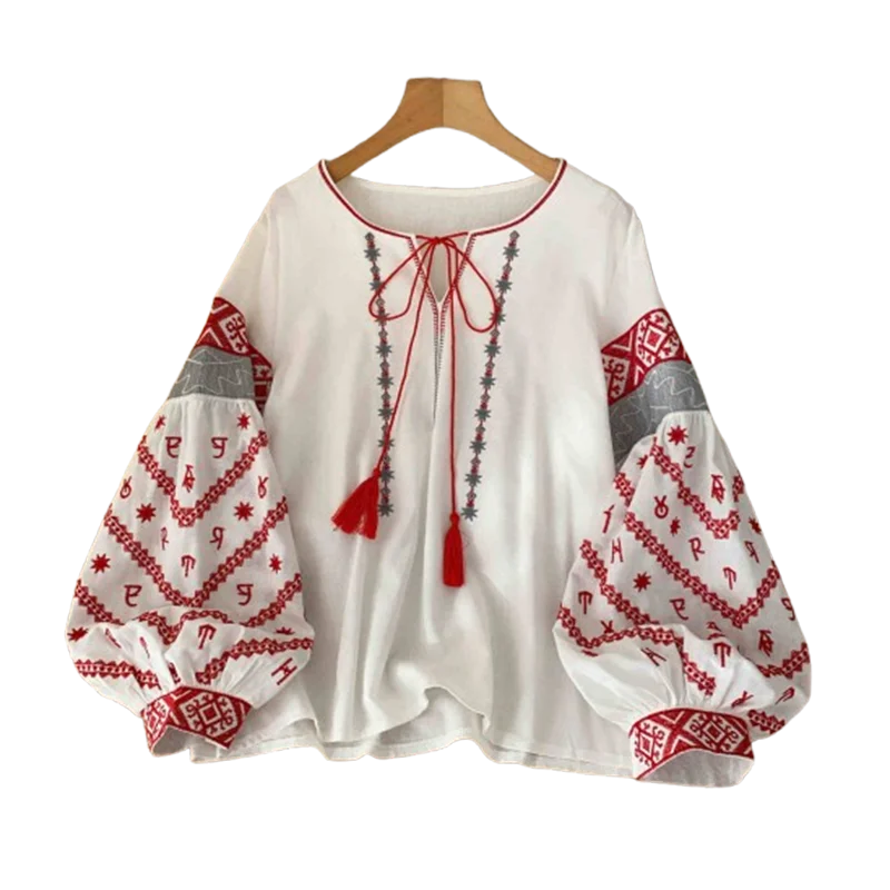 New Women's Bohemia Blouse Embroidered Autumn Spring O-neck Collar Bow Tie Lantern Sleeve Top Blusas Mujer Female Tops BL021