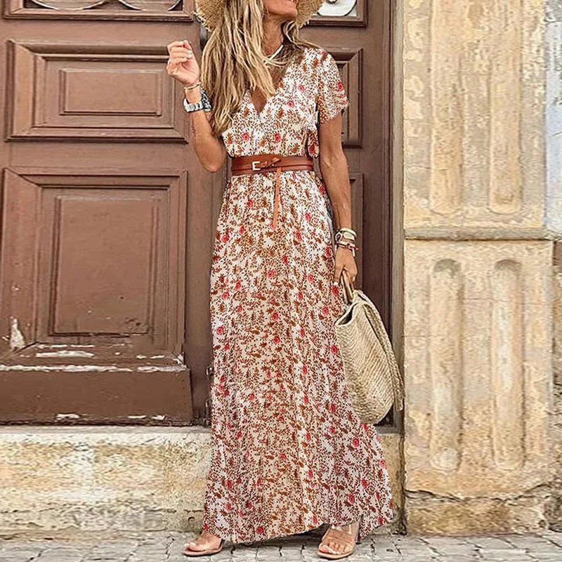 Boho Long Dress For Women Fashion V Neck Short Sleeve Paisley Print Dresses Summer Belt Large Hem Beach Dress Elegant Maxi Dress