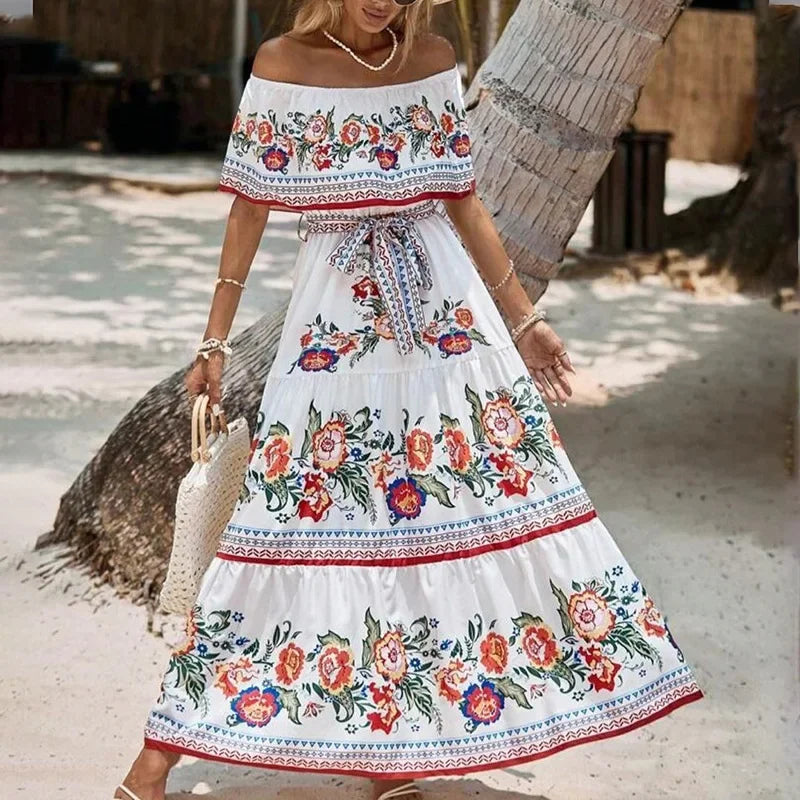 Boho Dress Women's One Shoulder Dress with Sexy and Fashionable Printed Long Style, Large Display, Summer New