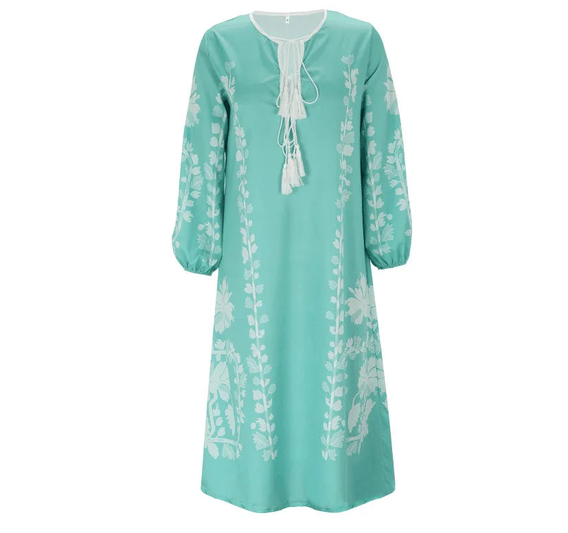 Boho Elegant Print Long Dress For Women Loose Casual V Neck Lace Up Big Hem Long Style Dresses 2024 Fashion New Lady Robe