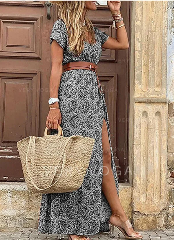 Boho Long Dress For Women Fashion V Neck Short Sleeve Paisley Print Dresses Summer Belt Large Hem Beach Dress Elegant Maxi Dress