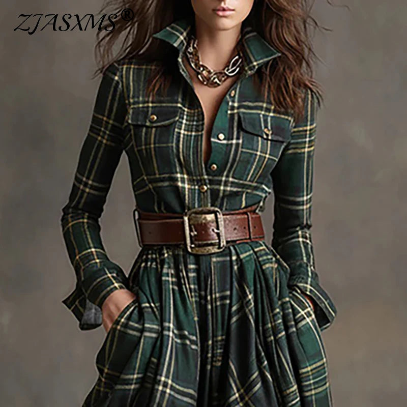 Boho Woman Clothing Elegant Shirt Collar Button Loose Long Dresses Retro New Plaid Print Pocket Swing Autumn Maxi Dress Vestidos
